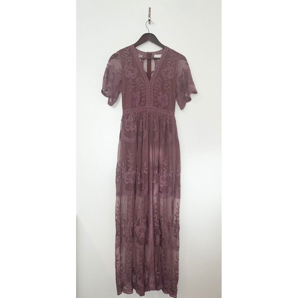 ALTAR'D STATE Embroidered Lace Maxi Dress Mauve V Neck Flutter Sleeve Boho‎ | SM